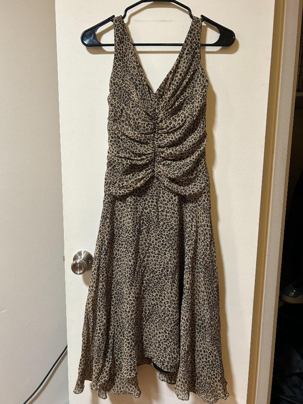 Camille La Vie -- y2k cheetah print silk midi dress, ruched mid section